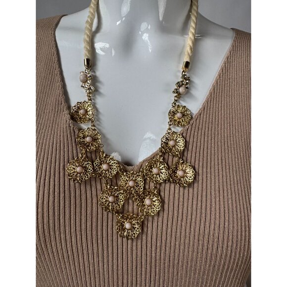 NY Gold-Tone Statement Necklace With Filigree Floral Design & Faux Pearl Accents - Picture 1 of 16